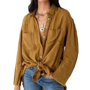 Free People We The Free Frayed Button Down Tunic Candied Walnut XS Oversized
